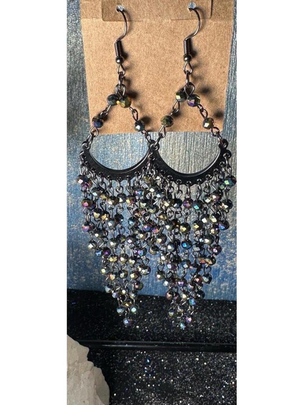 Chandelier Earrings 5” long 1.5” wide gunmetal and colored borealis beads new